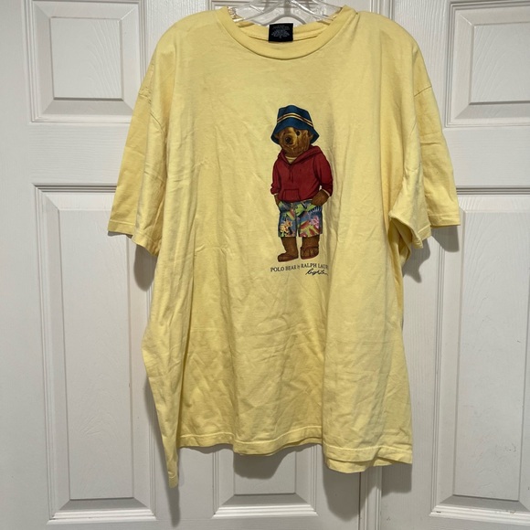 Vintage Men's Size XXL‎ Polo Ralph Lauren Yellow Cotton Beach Bear T-Shirt